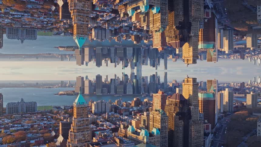 City appears symmetrically reflected in a mirrored composition