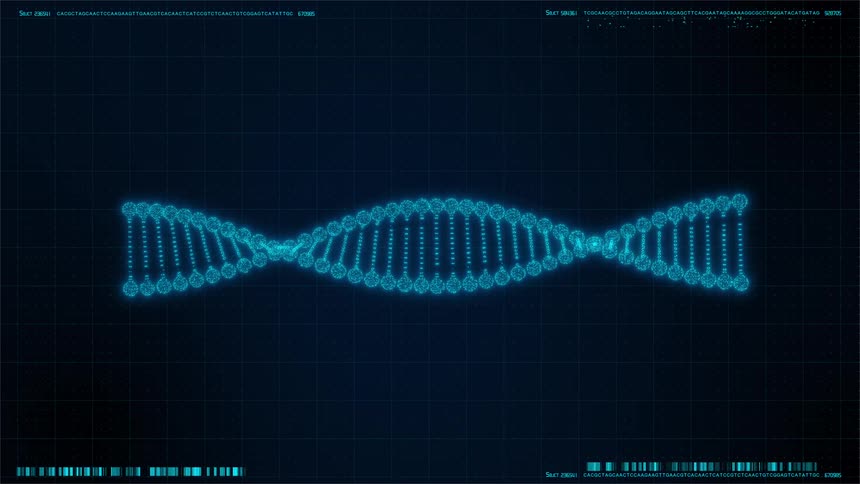 This is a digital animation showing a glowing bright blue double helix structure representing a dna molecule rotating and undulating slightly against a dark gridpatterned backgroundthe background also features scrolling lines of what appears to b