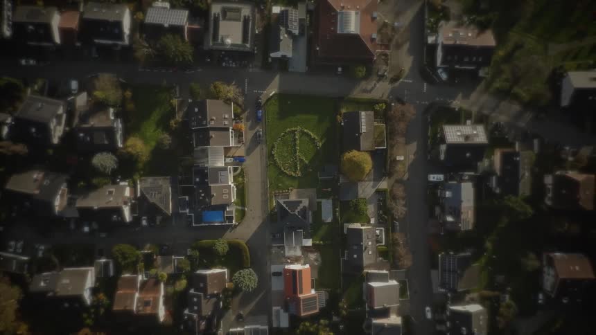 An aerial view of houses in a suburb