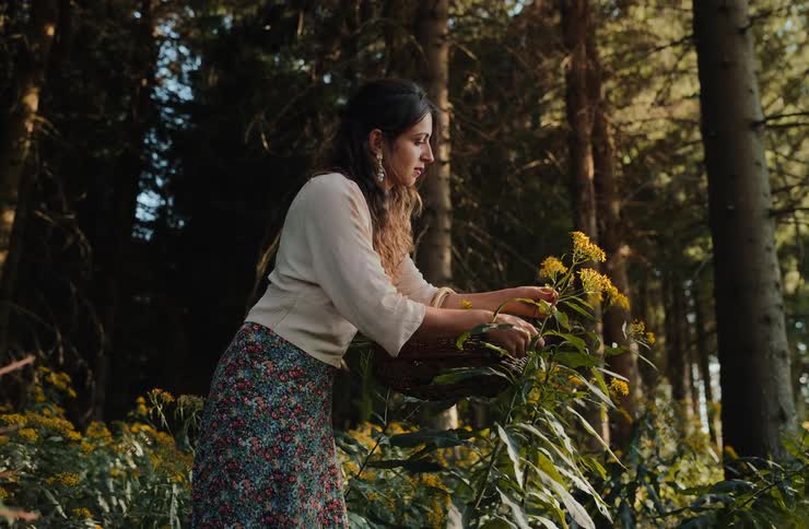 A young indian woman picks flowers in the garden at midday surrounded by sunlight and greenery