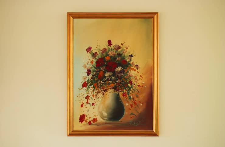 A painting of a flower vase hangs in a frame on the wall indoors