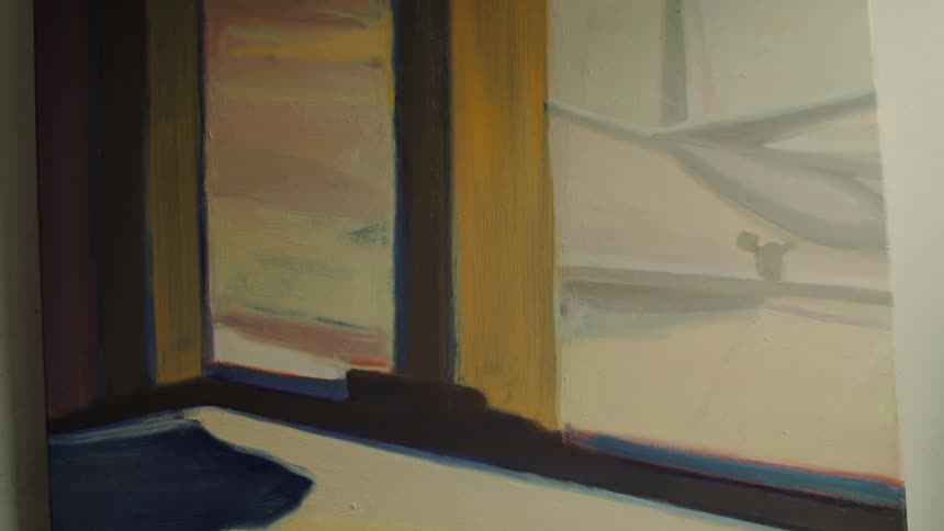 Painting with vertical windows in soft tones shows suspended structure facing illuminated landscape
