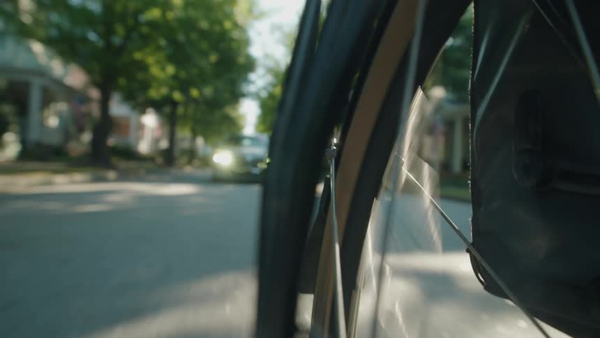 A bicycle wheel spins as a person rides through a residential street at midday with a car following behind