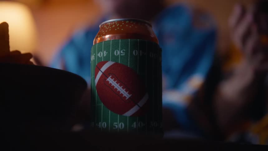 A closeup shot focuses on a beverage can wrapped in a football fieldthemed koozie sitting next to a bowl of chips in the foreground while two elderly people wearing sports jerseys react excitedly to a game in the background