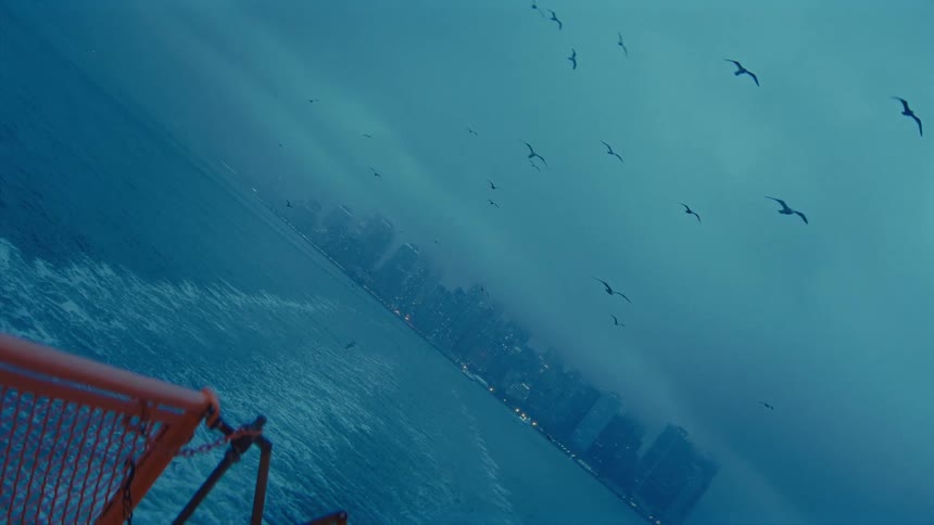 A dramatically tilted view of dark blue water and a distant illuminated city skyline is framed by an orange railing with numerous seagulls flying under a dark sky