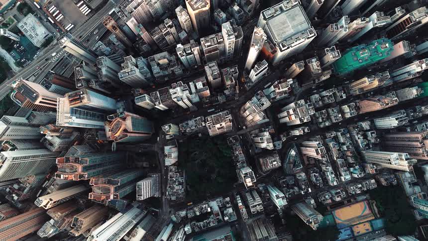 Looking down at a large city