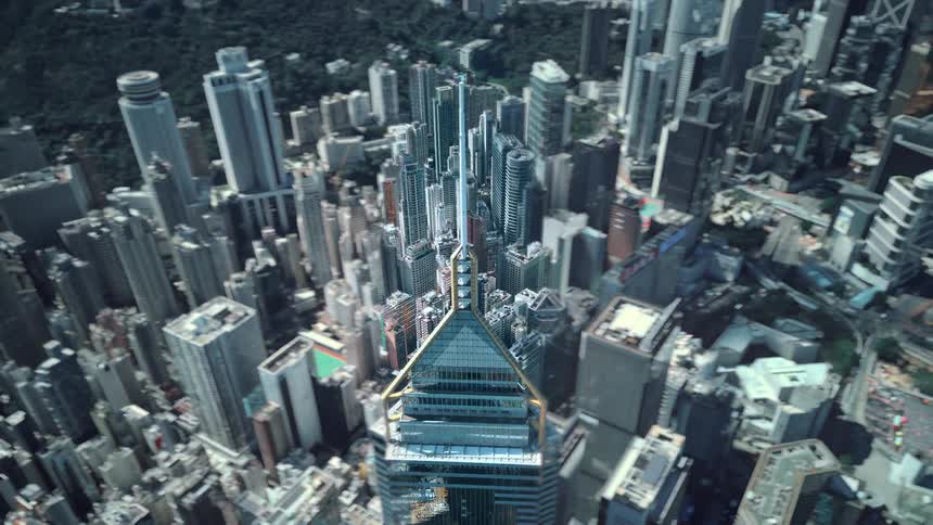 A timelapse of a skyscraper with tall buildings in a business area