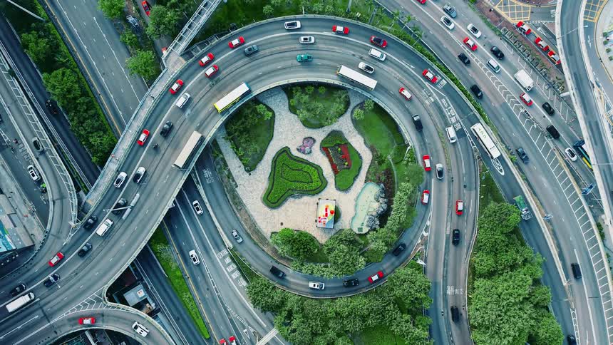 Looking down at a busy highway