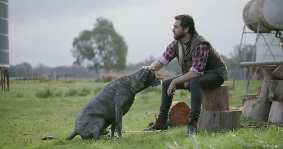 A man pets a dog in a rural area
