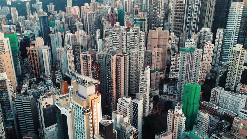 Flying over a large city