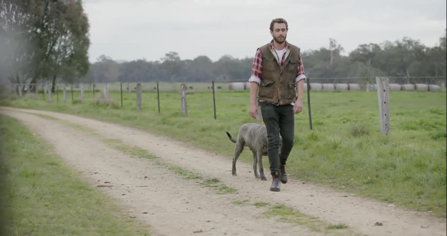 A man walks his dog on a cloudy day