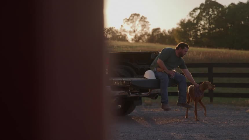 A man wearing a green shirt and jeans is sitting on the open tailgate of a dark pickup truck gently petting a reddishbrown dog standing beside him on the gravel driveway framed by a wooden fence and a grassy field under a warm sun light