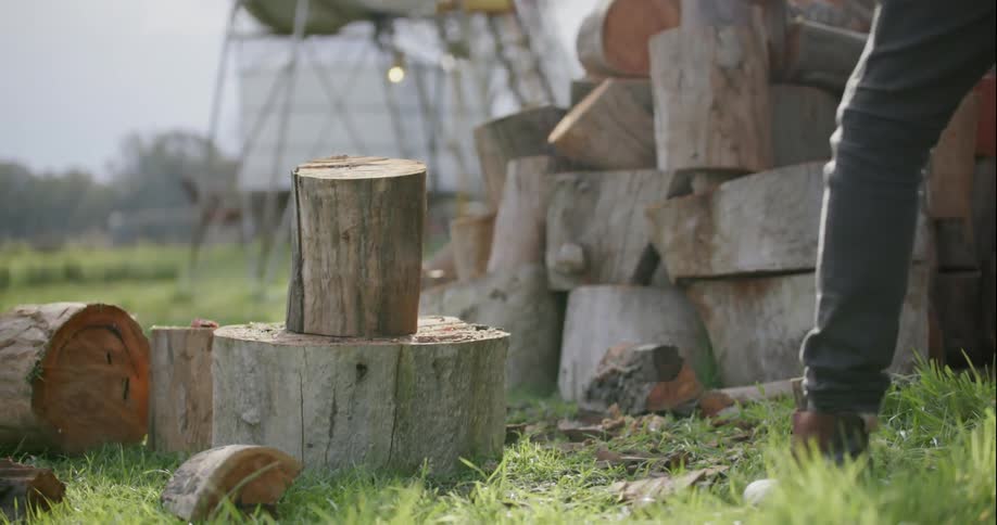 Man chops a log on a sunny day