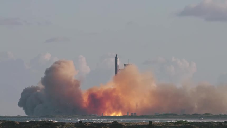 Birds fly along the coast and smoke and flames fill the air as a rocket leaves the launching pad and flies into space