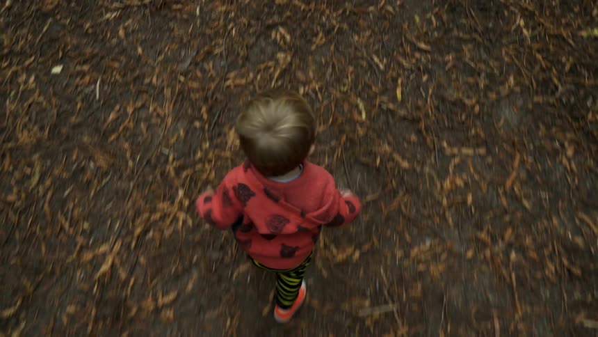A toddler walks on dirt ground
