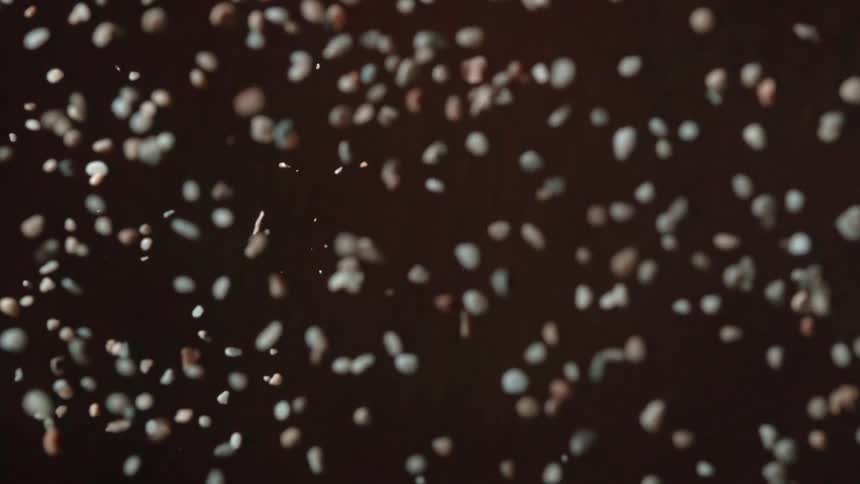 A cluster of small multicolored pebbles flies through the air against a solid dark background