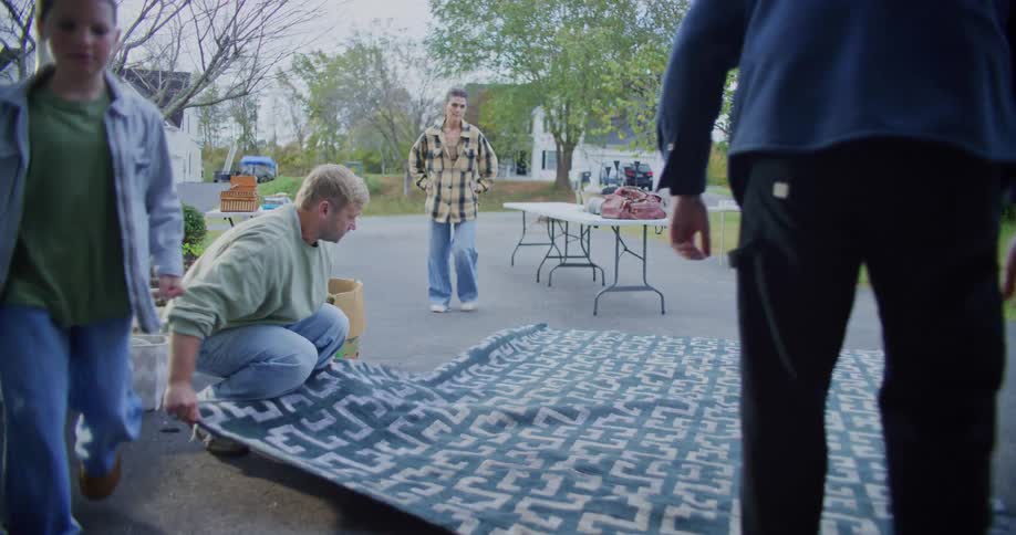 A family is setting up tables and unrolling a patterned rug on a driveway while preparing for a yard sale in a suburban neighborhood