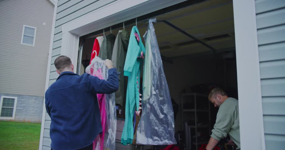 Two men organize a clothing rack outside a residential garage for a yard sale