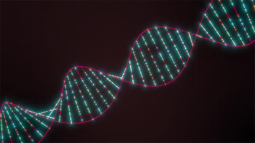 A glowing computer generated double helix twists across a dark background