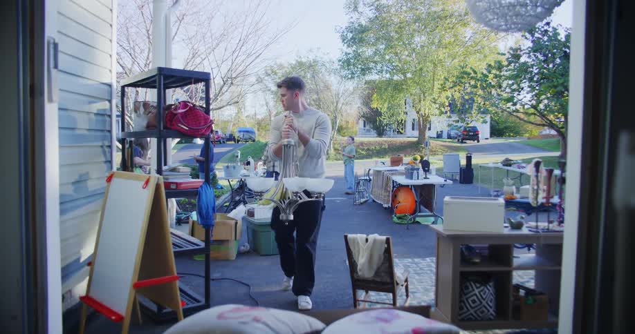 A group of people sort and lay out items outside during a neighborhood yard sale