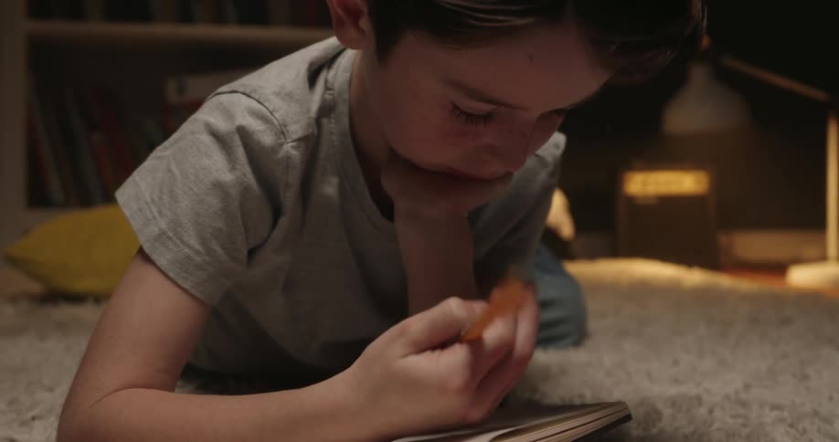 A closeup shot focuses on a young boy with freckles and brown hair who is lying on a lightcolored shaggy rug he is intensely focused on writing or drawing in a small notebook using an orange pencil