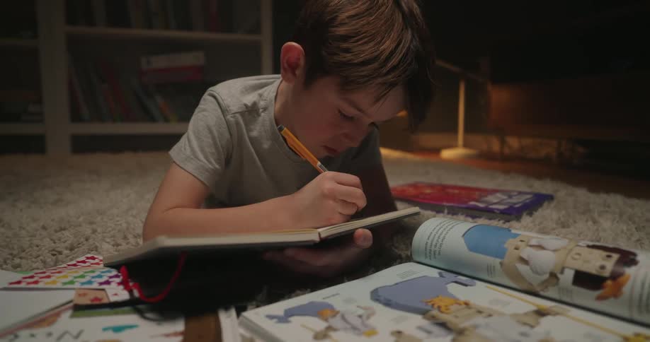 A boy doing homework in a house