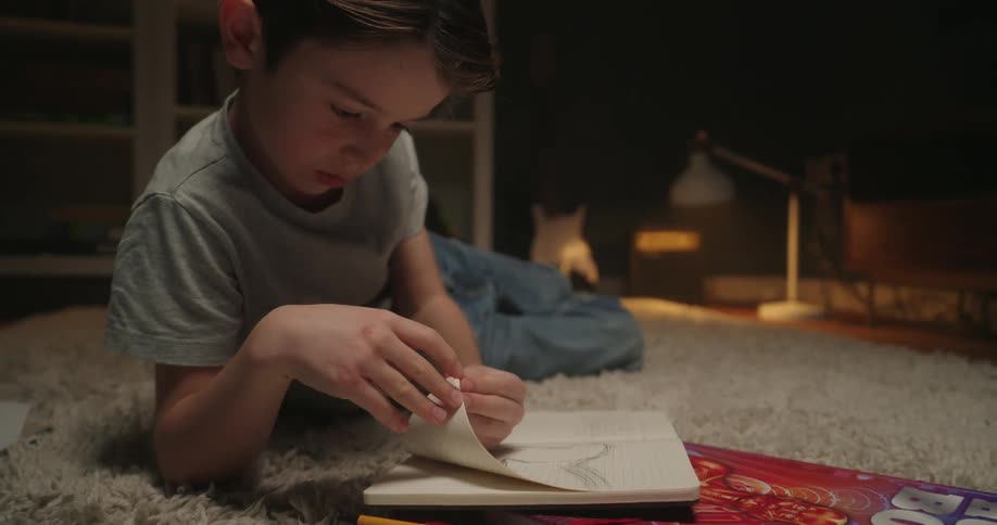 A young boy in a grey shirt lies on a light carpet wring in a notebook in a dimly lit room with bookshelves in the background