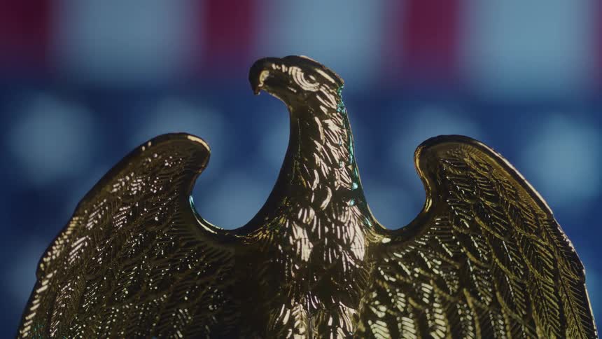 A golden eagle statue is shown in close up against a blurred american flag background
