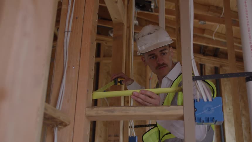 Close up of a young male construction worker measuring distances in a building under construction during daytime