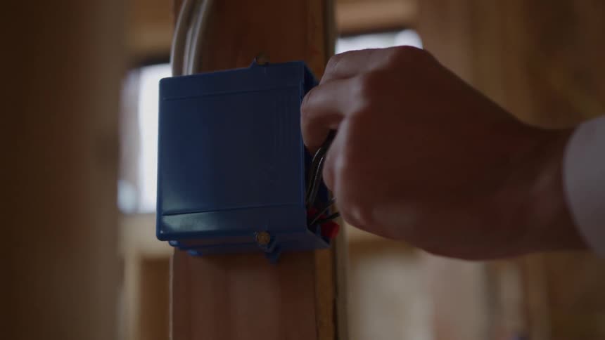 A persons hands work in a closeup shot to twist black electrical wires together inside a blue plastic electrical box mounted on a wood stud preparing to fasten them with a red wire nut
