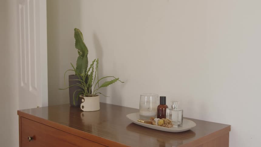 A candle and some plants are atop a chest of drawers along
