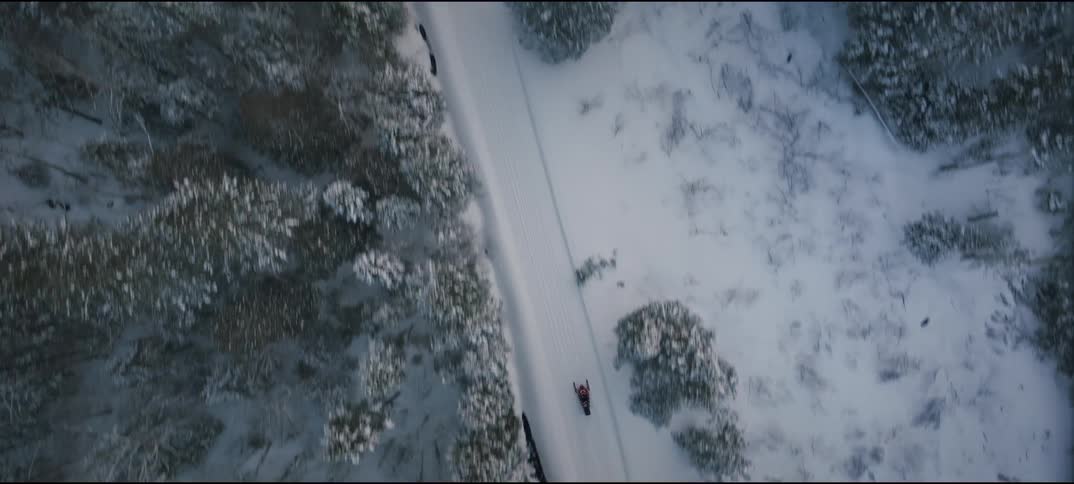 Snowmobile moving along a trail surrounded by snowy forest