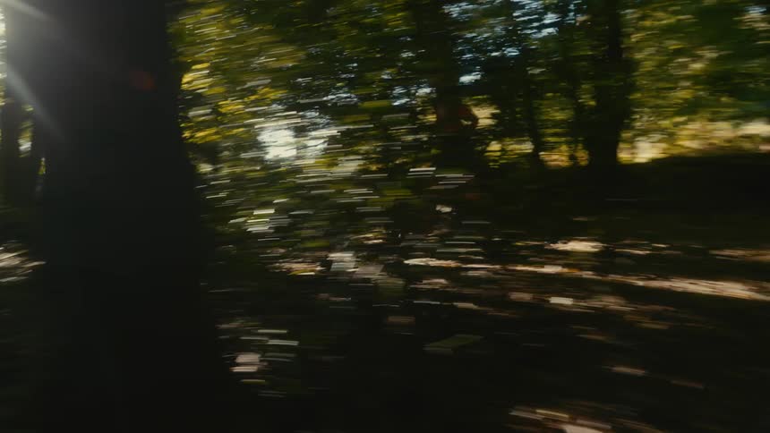 Adult woman wearing a baseball cap running between trees outdoors