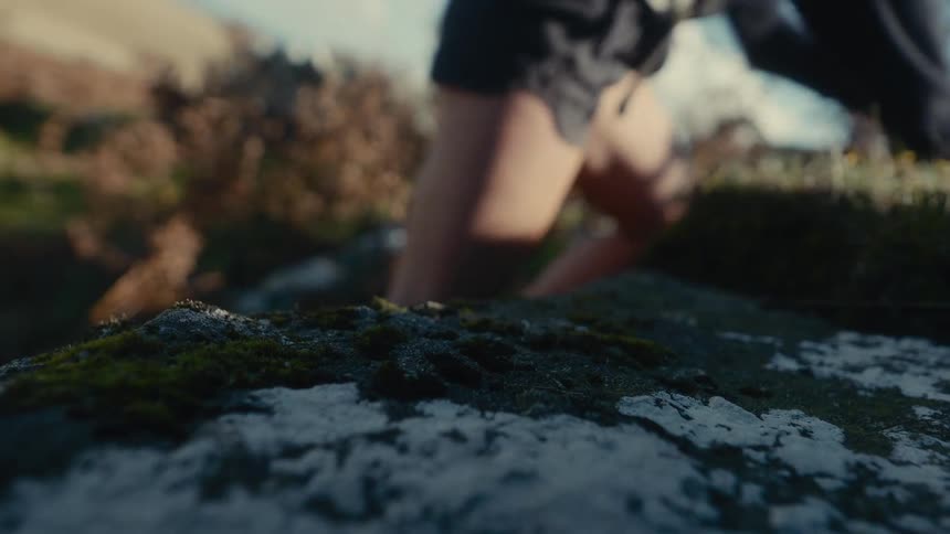 A person climbing a hill places their hand on a mosscovered rock for support