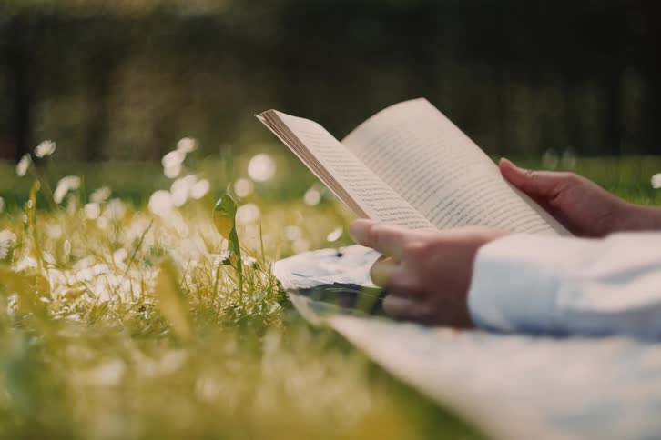 A person sitting in a field and reading