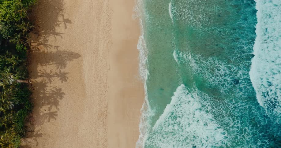 Stretch of light sand beach with  turquoiseblue ocean seen from above
