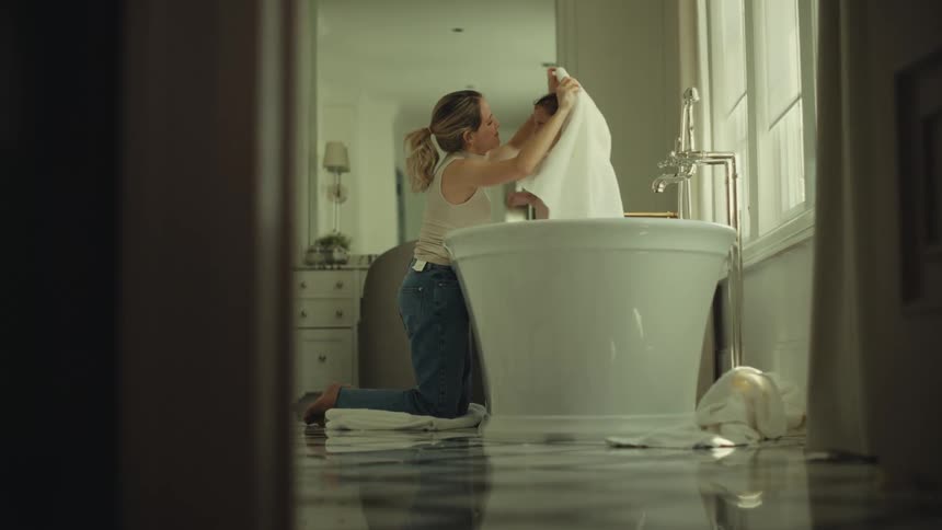 Mother kneeling beside the bathtub wrapping her daughter in a towel
