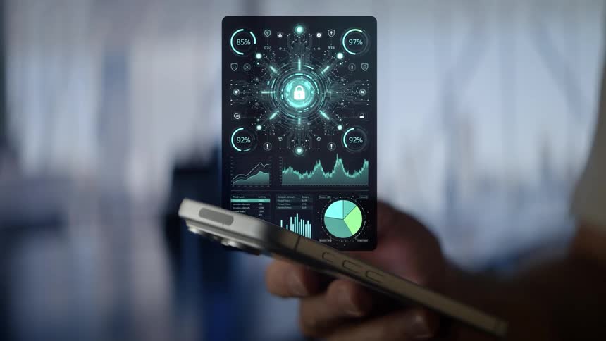 Holographic display with charts and a security icon projected above a smartphone