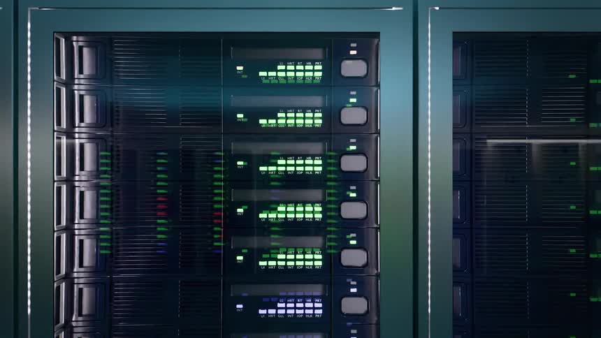 Server rack with green and red status lights distributed across the front modules