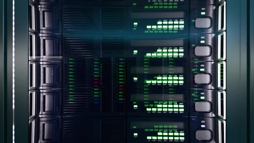A view of servers in a closed rack