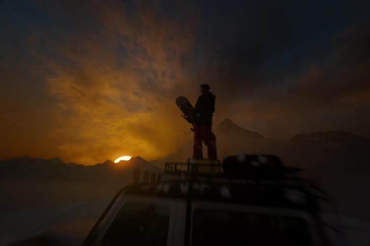 Epic winter sunset shot of a woman with a snowboard standing on top of a 4x4 SUV, snowy mountains, fast push-forward camera move