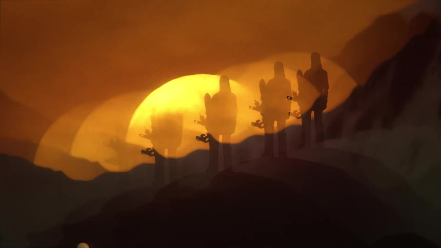 A silhouetted figure stand on a snowy mountain ridge against a highly stylized abstract golden sunset with repeating circular lens flare effects