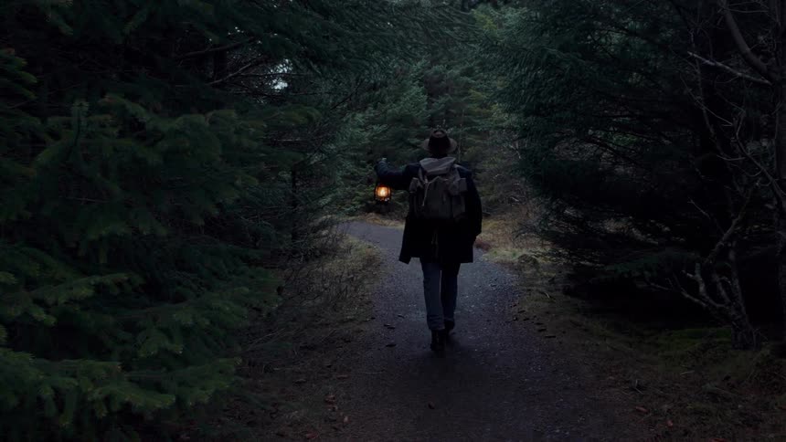 A man walking with a lantern at dusk