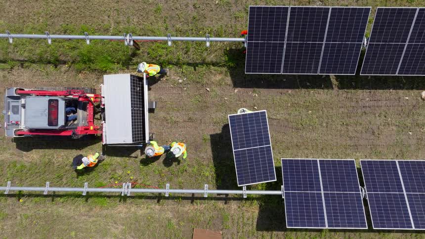 Red tractor with platform surrounded by five workers installs solar panels in grassy field