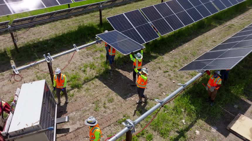 Utility employees are carrying solar panels for placement on a solar farm