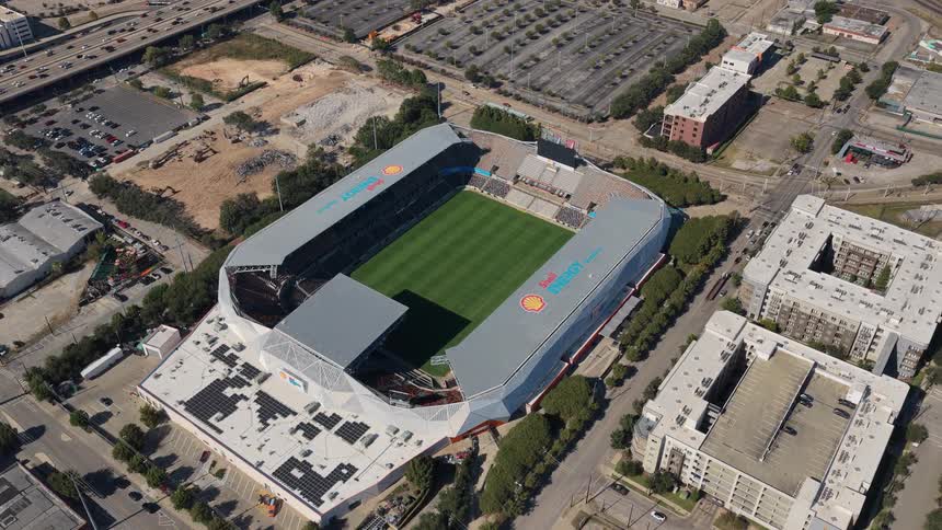 An aerial view captures the shell energy stadium and its surrounding urban environment