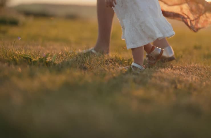 An adult and a small child are walking across a grassy field with a flare of sunshine in the background