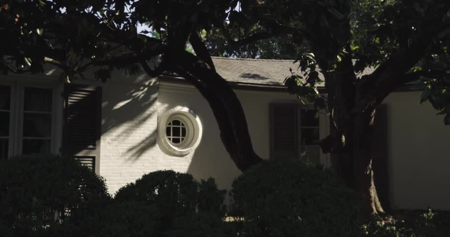 White house facade shaded by trees
