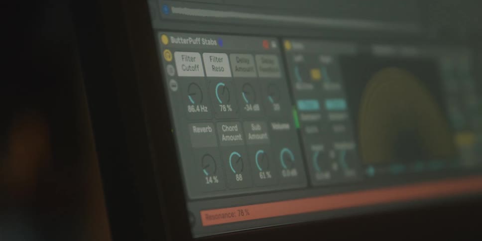Audio software interface displaying filter and modulation controls on the screen