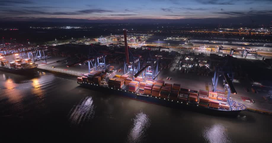An aerial view of a shipping terminal